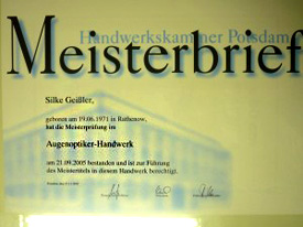 Meisterbrief für Silke Geißler Augenoptikerhandwerk