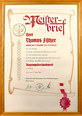 Meisterbrief für Thomas Fischer Augenoptikerhandwerk