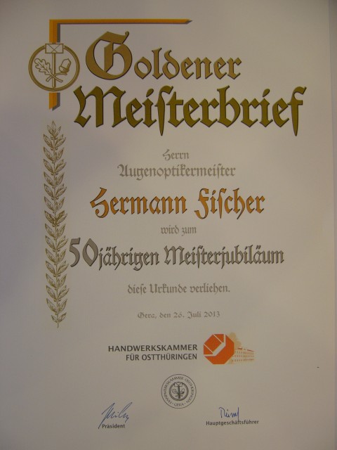 golderner Meisterbrief zum 50. Meisterjubiläum